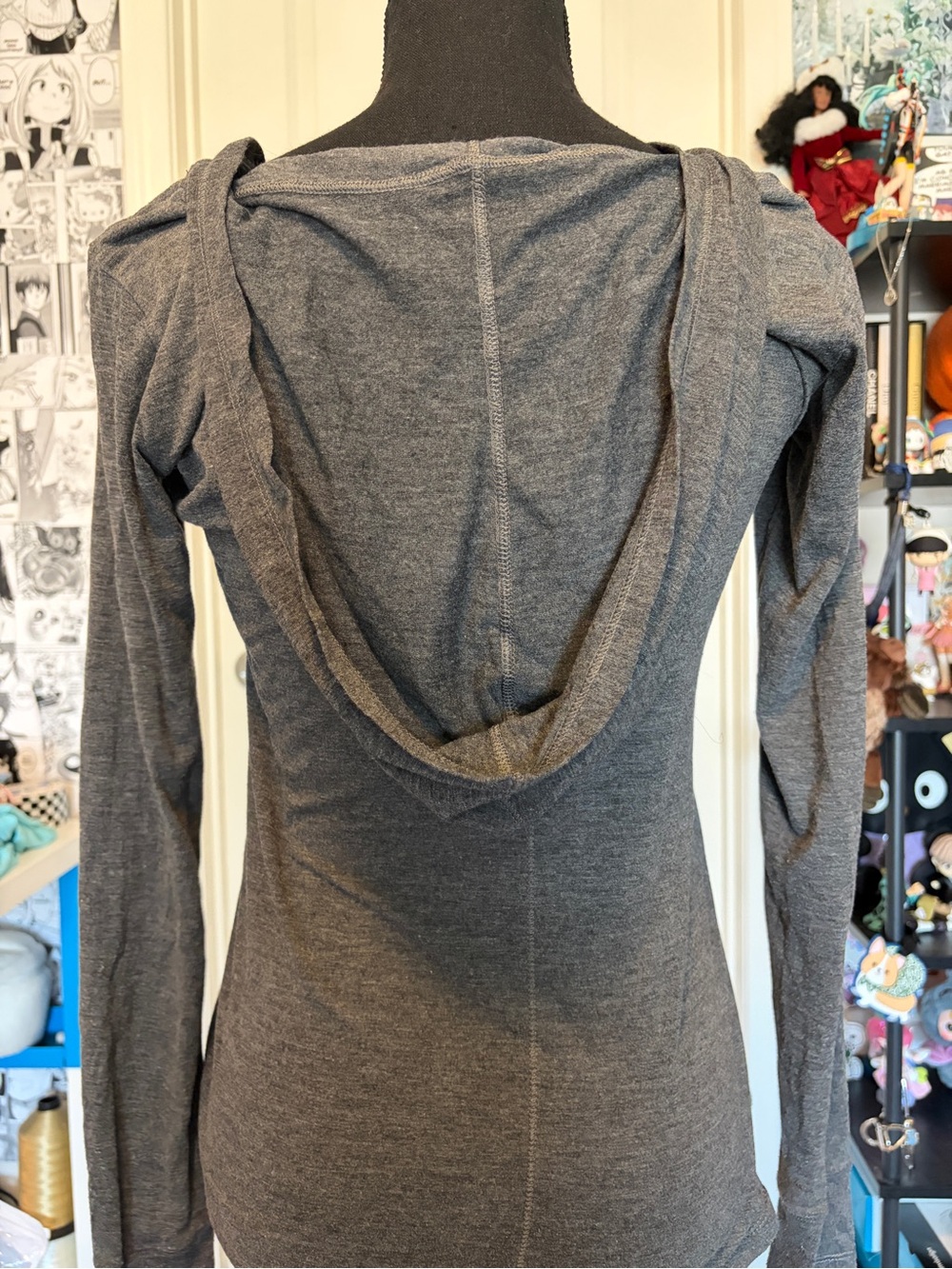 Y2K Lightweight Hooded Long-Sleeve Top - Charcoal Gray - Picture 2 of 4